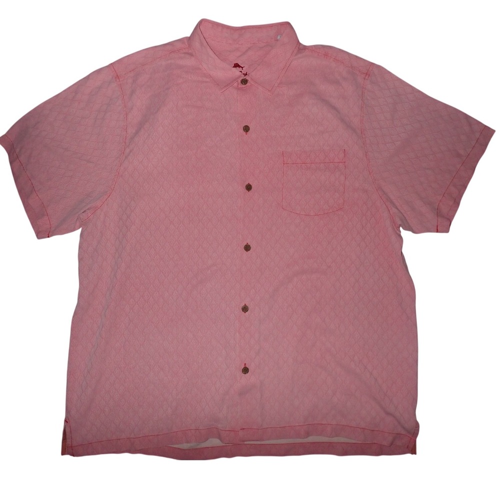 Tommy Bahama Mens XXL Pink Textured Diamond Jacquard Short Sleeve Button Shirt‎